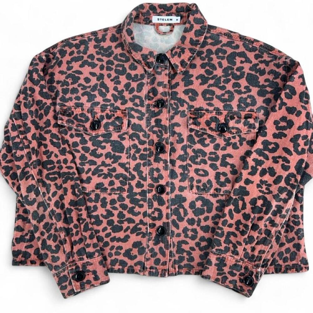 Stelen red leopard print cropped jean jacket, size Medium